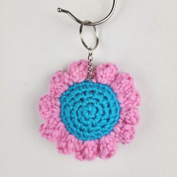 New Crochet Light Blue Pink Flower Keychain Handmade Handcrafted - Picture 4 of 5